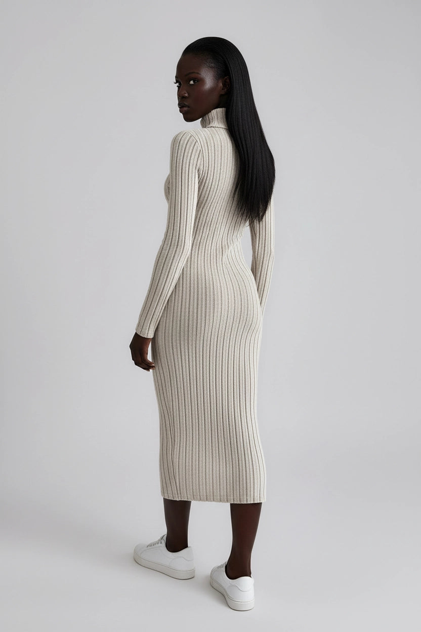 Rippenstrick-Kleid mit hohem Kragen und langen Ärmeln
