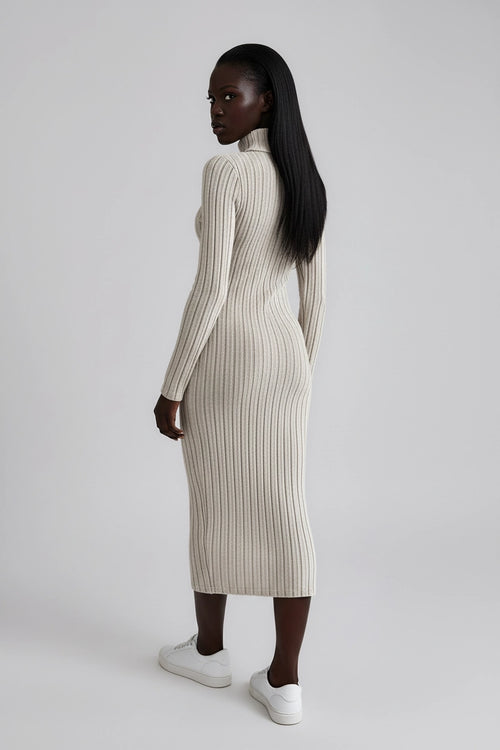 Rippenstrick-Kleid mit hohem Kragen und langen Ärmeln