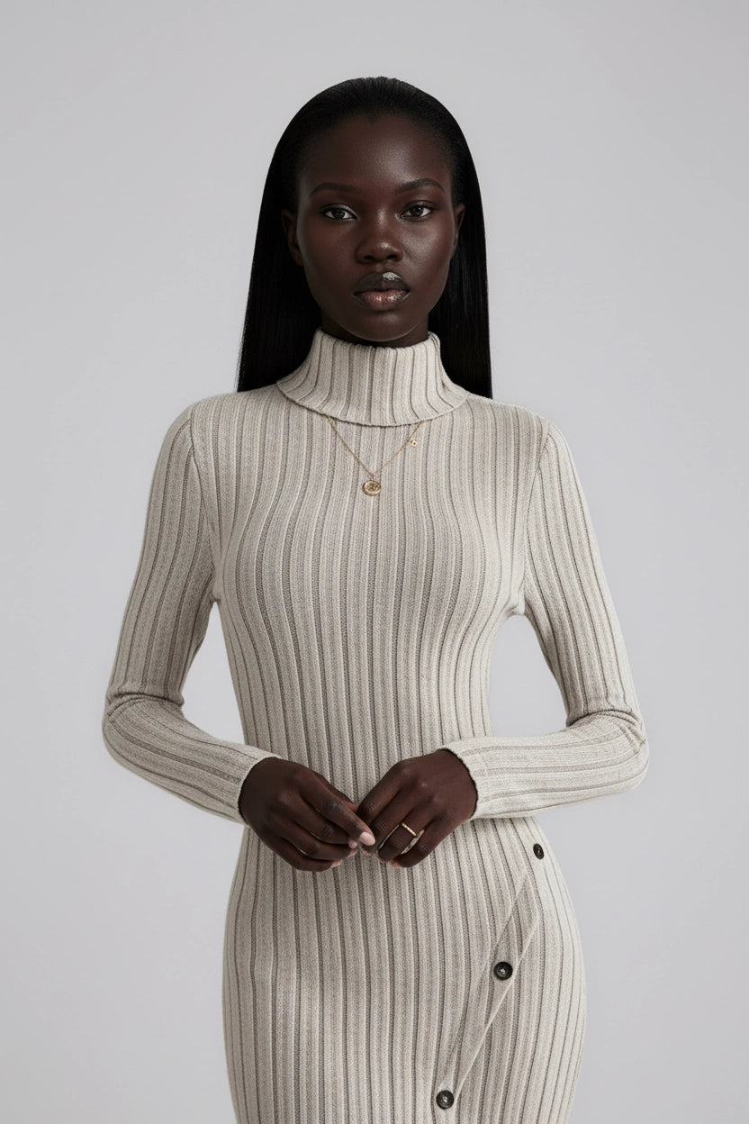 Rippenstrick-Kleid mit hohem Kragen und langen Ärmeln