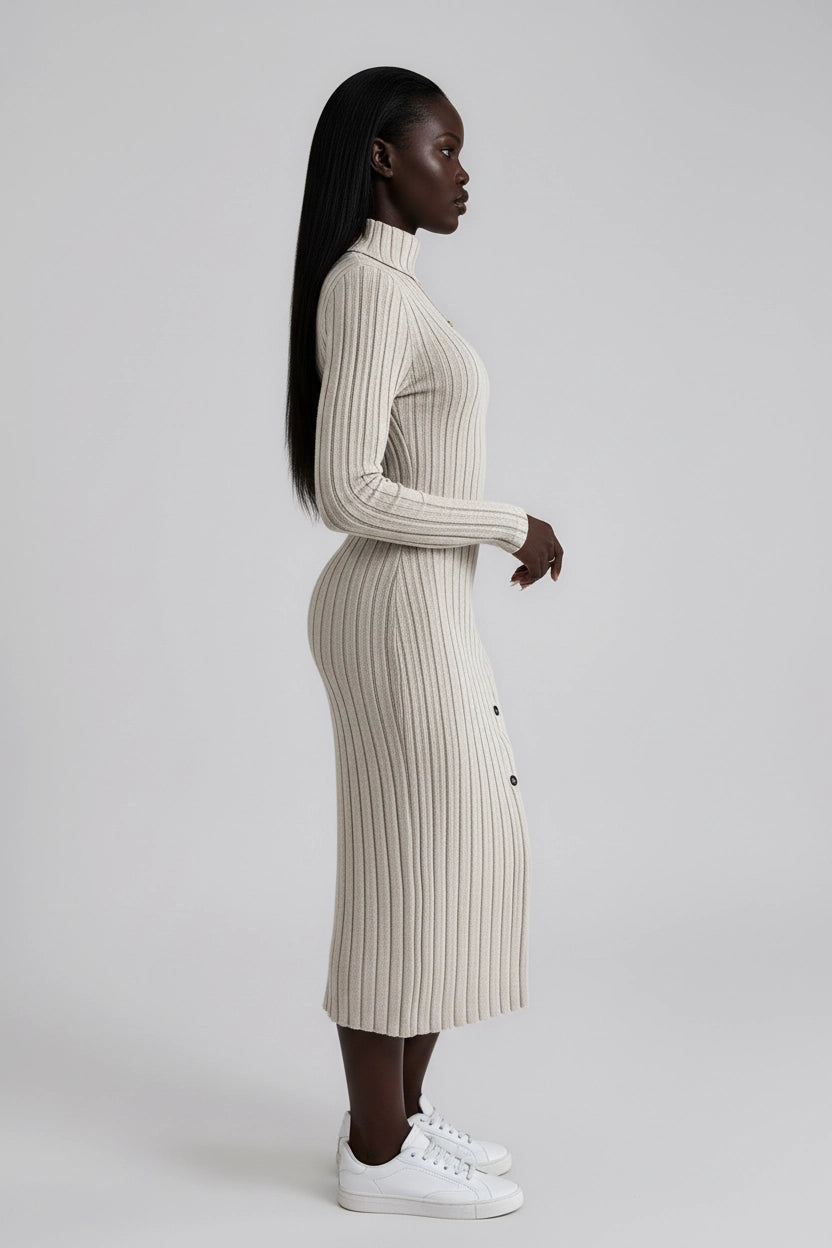Rippenstrick-Kleid mit hohem Kragen und langen Ärmeln