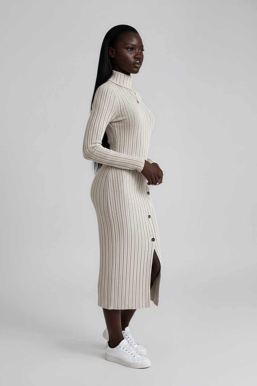 Rippenstrick-Kleid mit hohem Kragen und langen Ärmeln