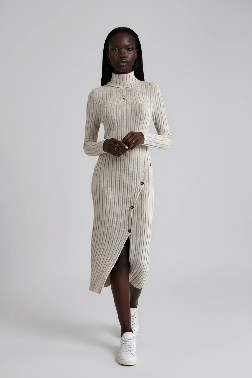 Rippenstrick-Kleid mit hohem Kragen und langen Ärmeln
