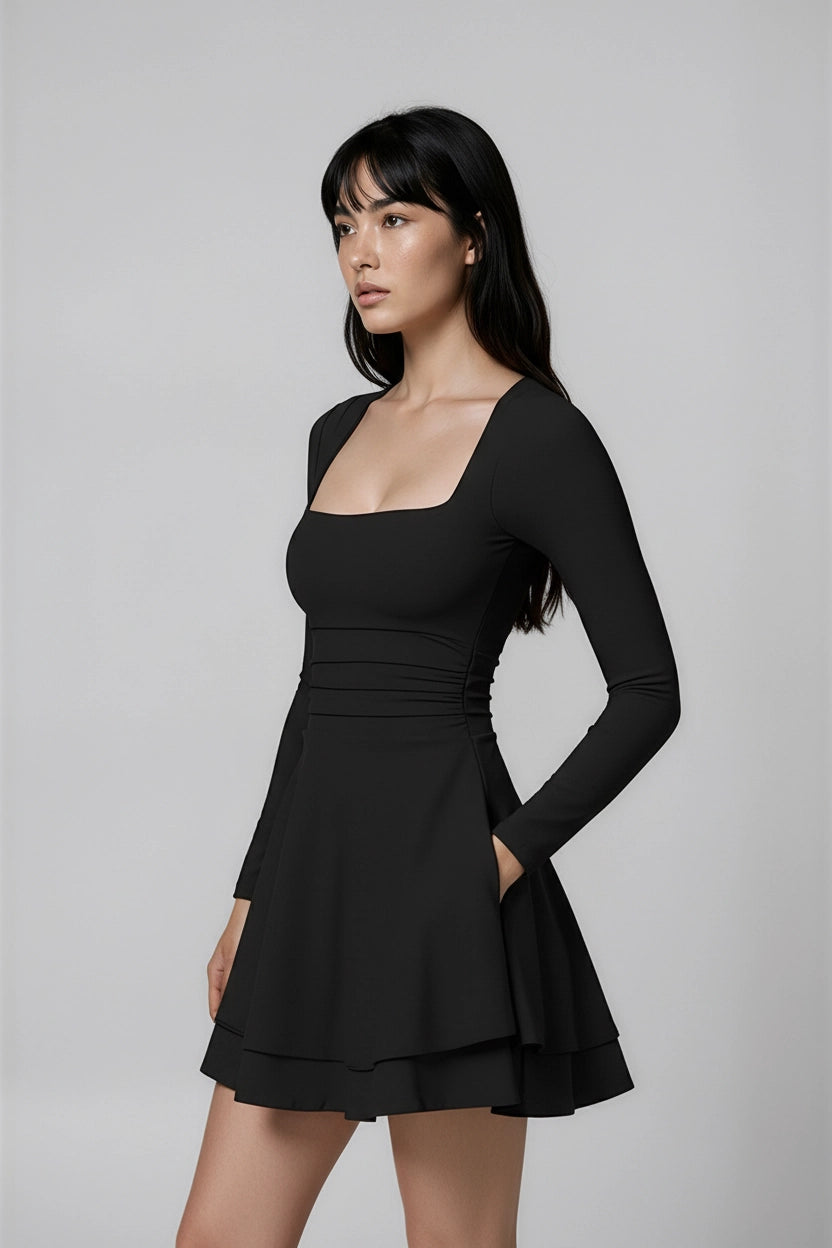 Plissee-Kleid mit eckigem Ausschnitt