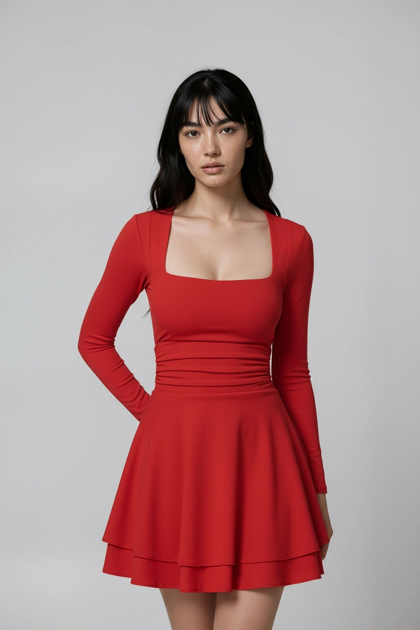 Plissee-Kleid mit eckigem Ausschnitt