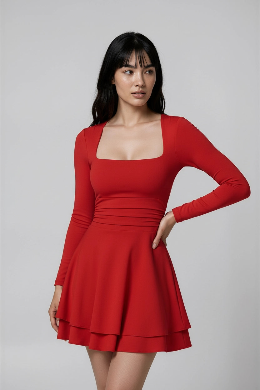 Plissee-Kleid mit eckigem Ausschnitt