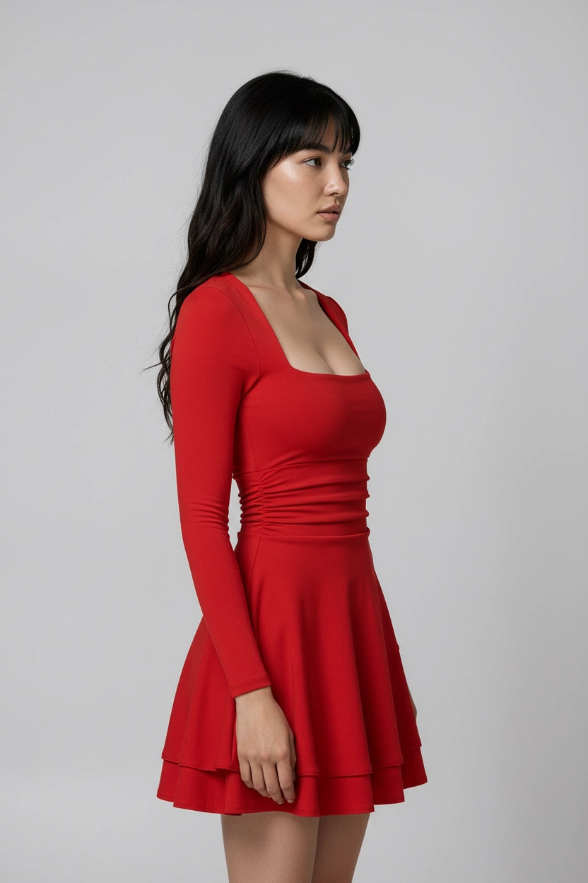 Plissee-Kleid mit eckigem Ausschnitt